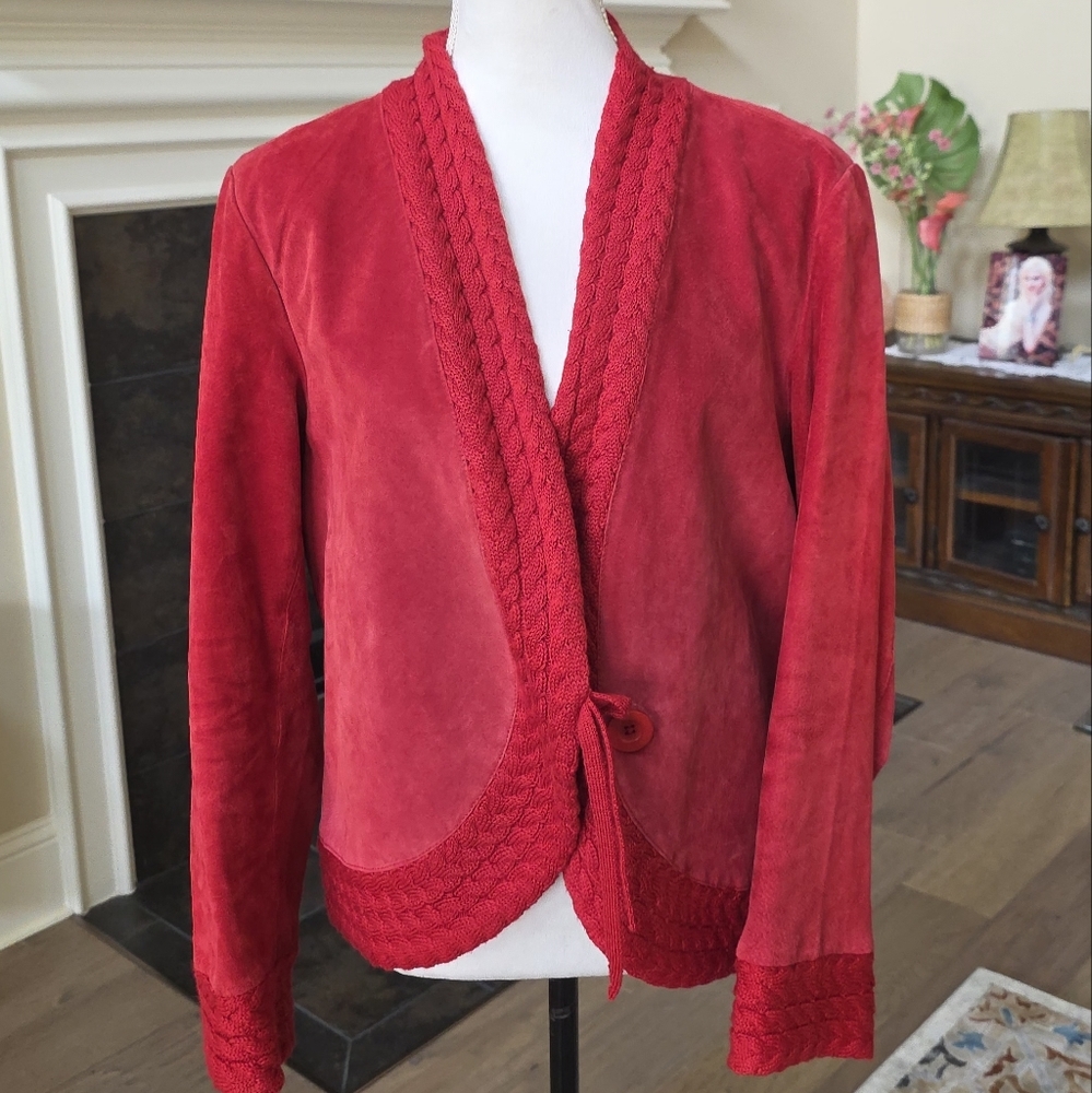 Coldwater Creek Red Suede Leather Cable Knit Jacket Size Large L - Picture 13 of 16